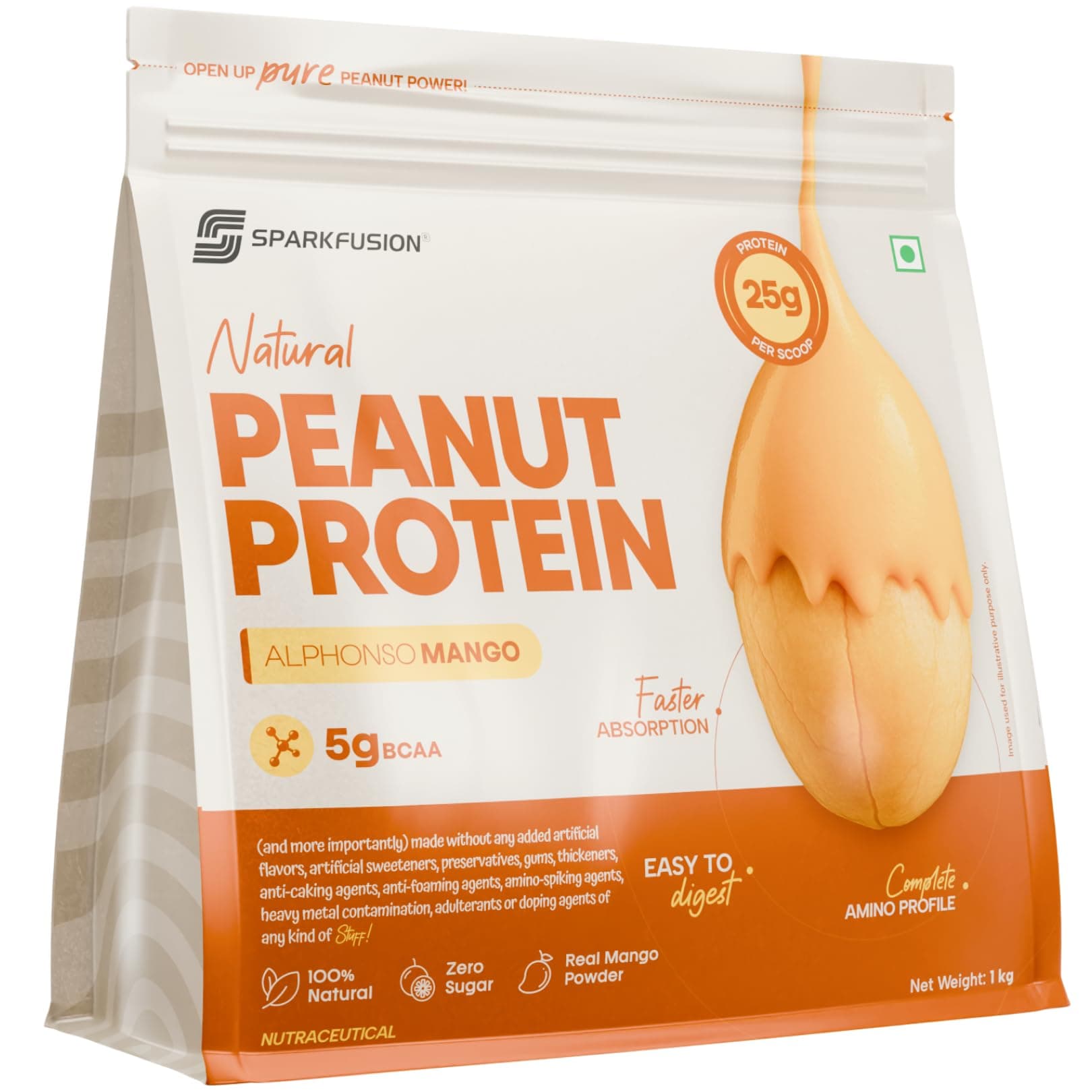 SparkFusion Natural Peanut Protein Isolate – Flavor – 25g Protein, 5g BCAA, Zero Sugar, Gut-Friendly, Vegan, Lab-Tested, No Artificial Additives (1 kg (Pack of 1), Alphonso Mango)