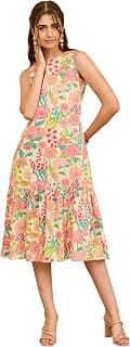 Janasya Women's Beige Pure Cotton Floral Printed A-line Dress