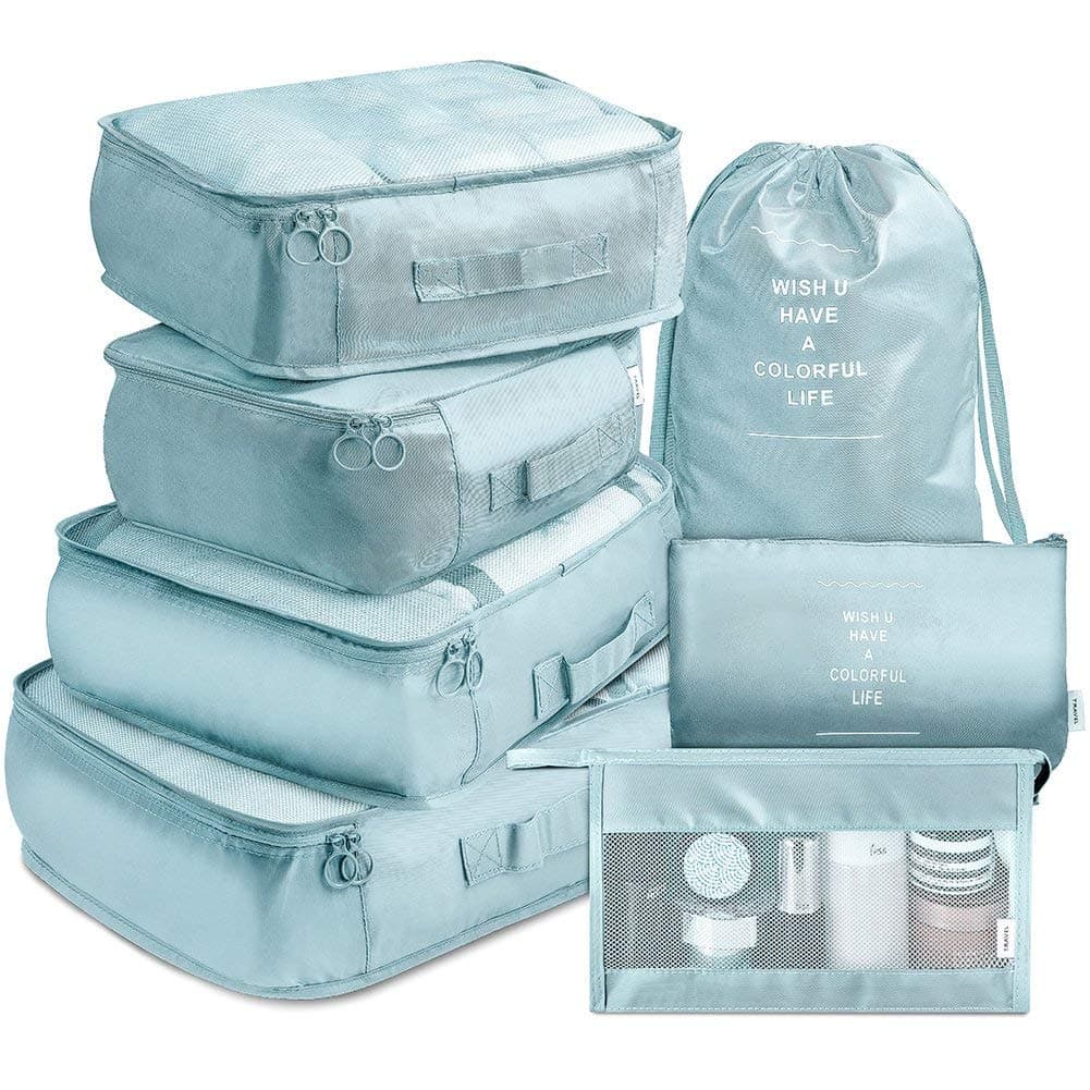 TS WITH TECHSUN 7 Pcs Travel Organizer Pouch Packing Cubes for Clothes Space Savers Bags Cosmetics/Underwear/Socks/Shoes Toiletry Bag Laundry Organiser (Nylon) (Skyblue)