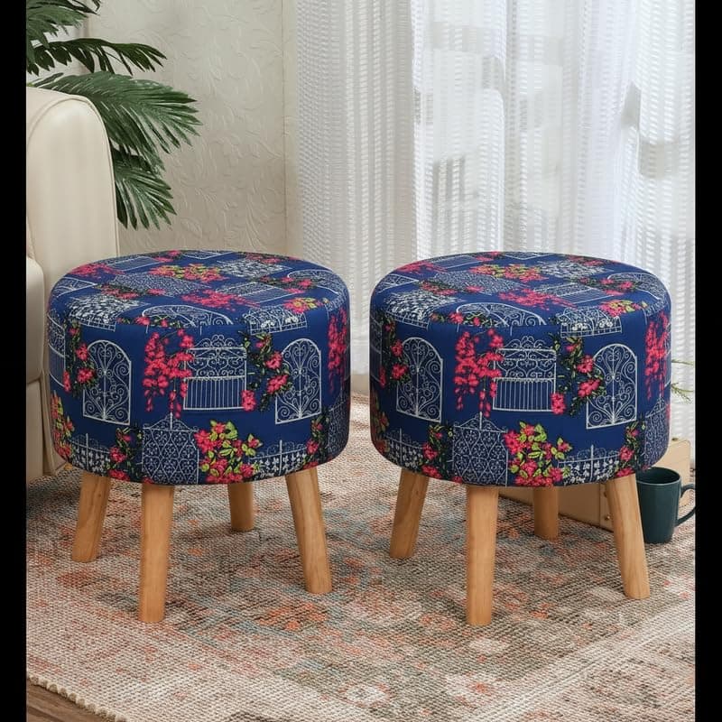 NACIA Printed Ottoman Stool Set of 2 | Soft Cushioned Velvet Pouf Footrest with Wooden Legs | Decorative Seating Stool for Bedroom Living Room Home & Office (16x16x17 Inch, Blue Door)