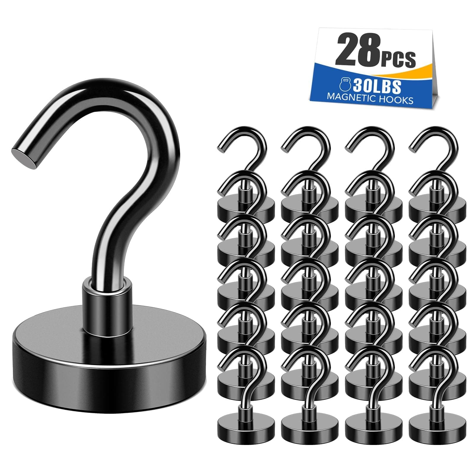 MIKEDE 28Pcs Magnetic Hooks Strong Cruise Cabin Ship Essentials 30LBS Black | Cruise Essentials Neodymium Heavy Duty Magnets with Hooks for Hanging Magnetic Hanger for Fridge Toolbox Storage