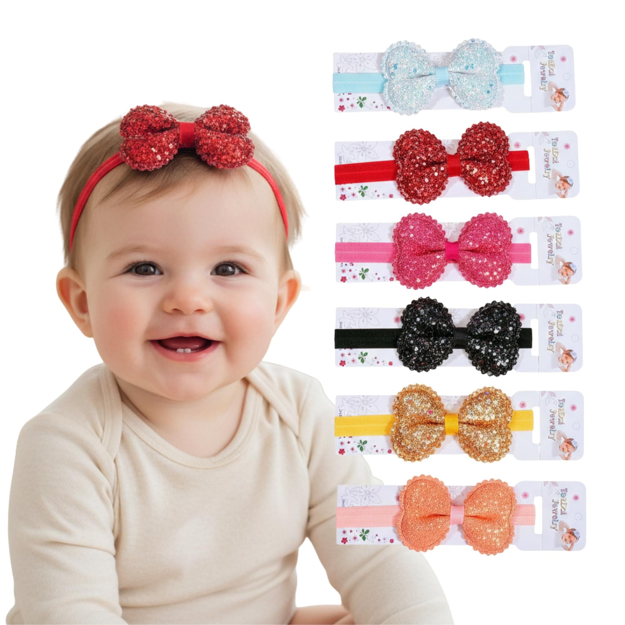 BAKEFY -6 Baby Flower Headbands Set of 6 for Baby Girls | Soft Stretchable Nylon Headbands for Newborn, Infant & Toddler | Hair Band & Hair Accessories