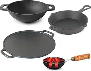 The Indus Valley Pre-Seasoned Cast Iron Cookware Set+ Free Tadka Pan|Tawa (30.5 Cm)+ Kadai (25.4 Cm/2.3L)+ Fry Pan (23 Cm/1.4L)|Kitchen Cooking Combo Pots & Pans Set of 4Pcs|Naturally Nonstick Black