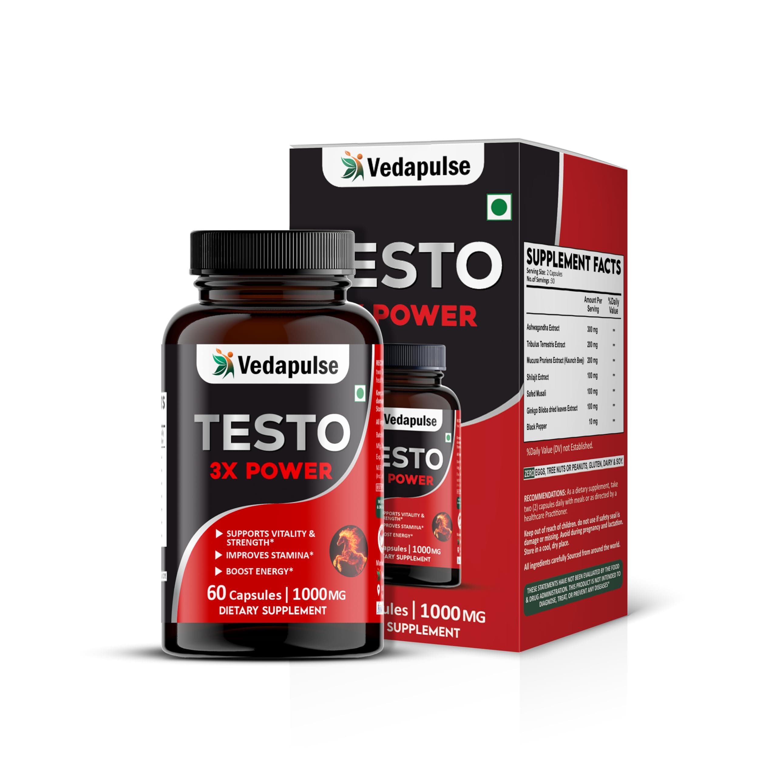 Vedapulse Testo Power Supplement for Men | With Ashwagandha, Shilajit & Tribulus | Energy, Stamina & Strength | 60 Capsules
