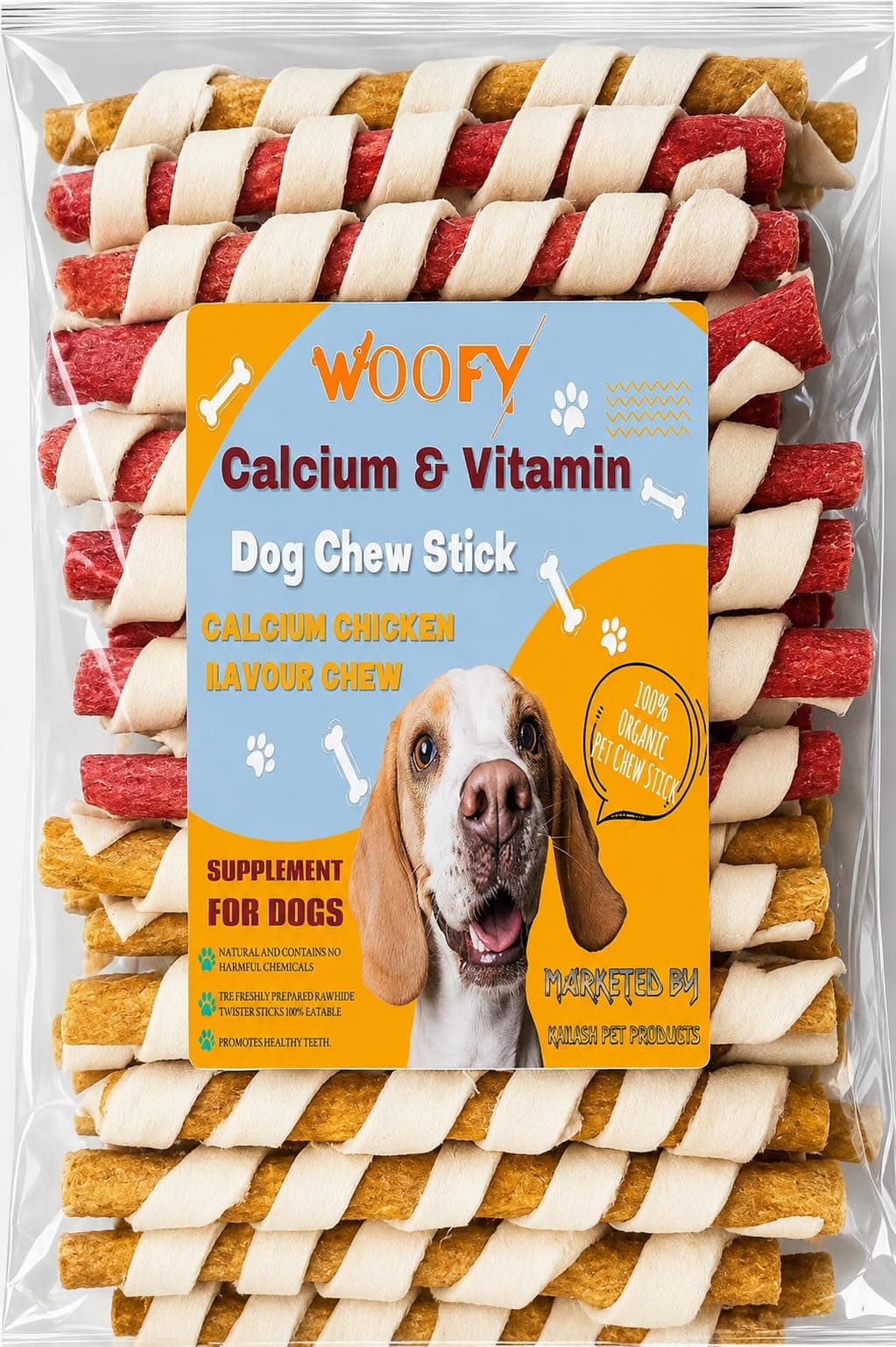 Woofy Dog Spiral munchy Rawhide chew Stick | 500gm Chicken Flavour + 500gm Mutton Flavour | Chicken and Mutton Flavours Twisted Sticks for Puppies and Dogs - Pack of 1Kg