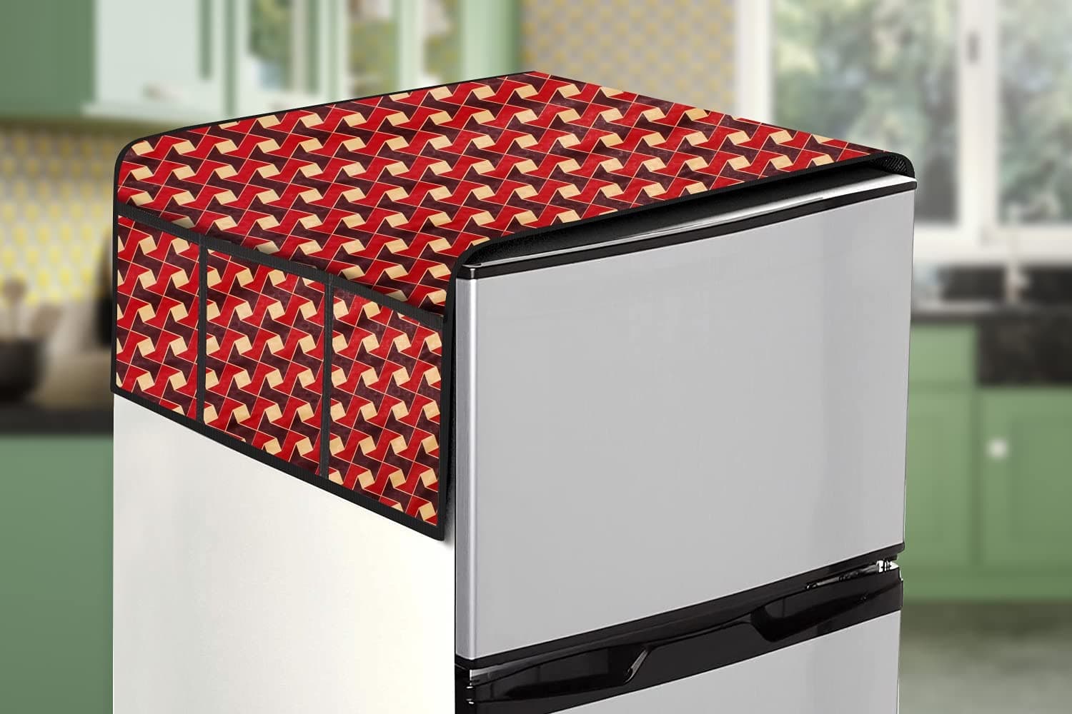 Stylista Dust & Stain Free Waterproof Fridge/Refrigerator Top Cover 39x22 Inches (LxW) with 6 Pockets Frieze Pattern Brown