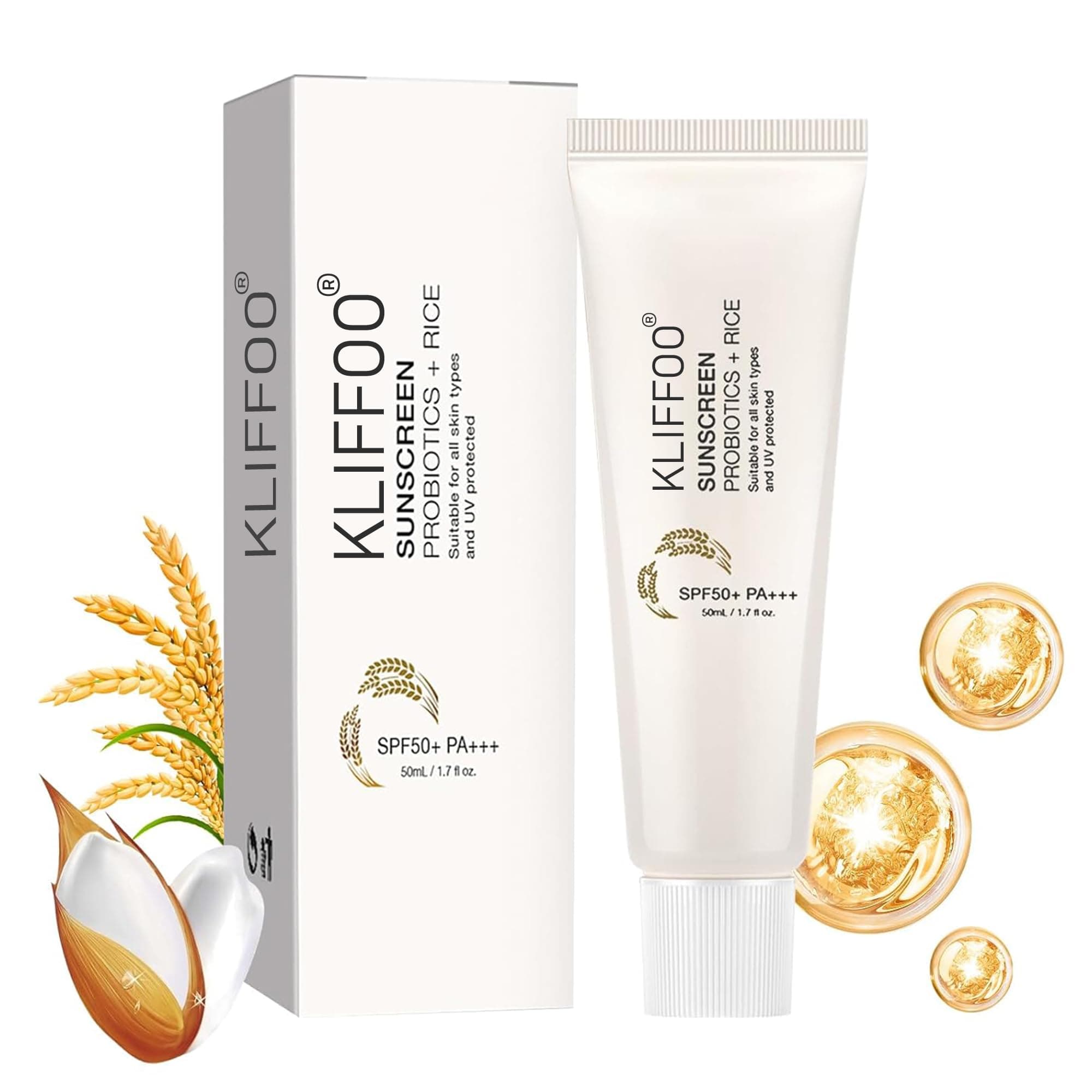 KLIFFOO Relief Sun Organic Sunscreen with Rice and Probiotics SPF 50+ PA++++ Korean Sunscreen Cream for All Skin Types UV Defense Nourishing Hydrating Moisturizing 50ml