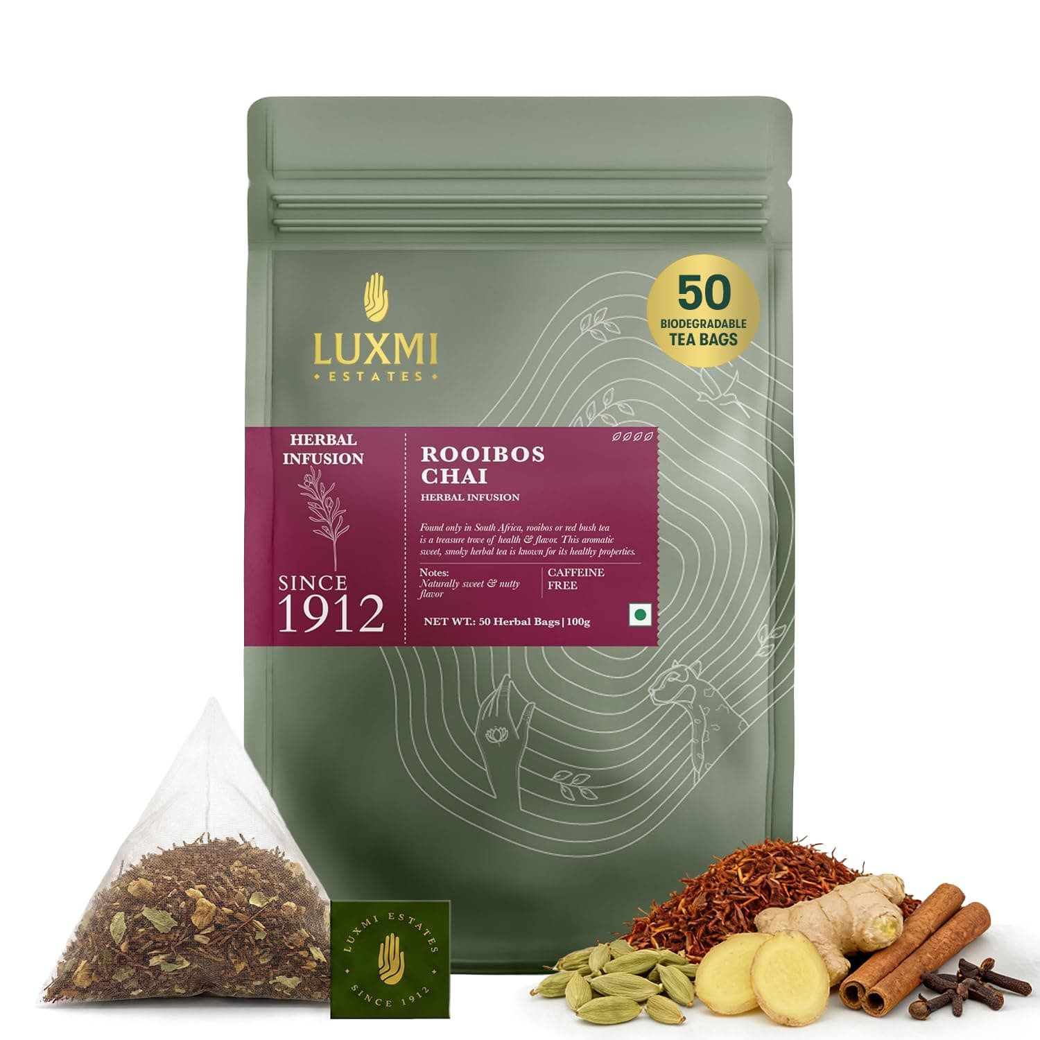 Luxmi Estates Rooibos Chai – 100% Natural Herbal Infusion | 50 Plant-Based Pyramid Bags (100g) | Caffeine-Free | Antioxidant-Rich | Supports Digestion, Heart & Skin Health