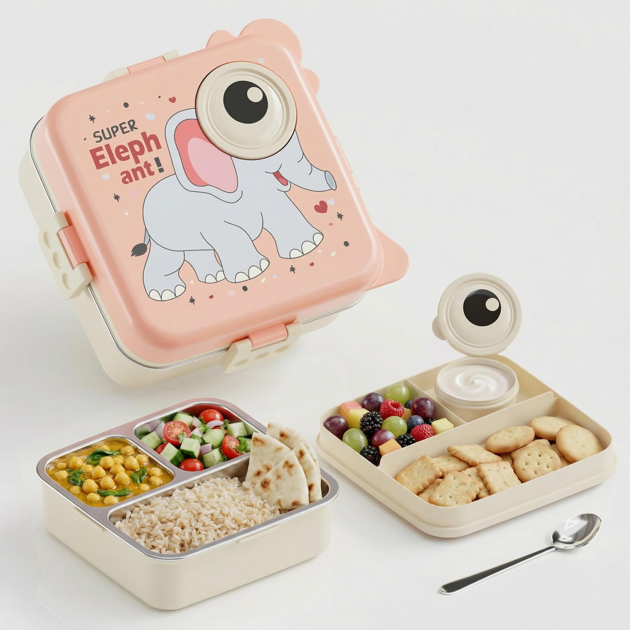 MEDALLIX Kids Lunch Box for School, Stainless Steel Insulated Tiffin Box with Spoon, Leak Proof 3 Compartments Bento Box, BPA Free Food Grade Lunch Box for Kids, 1120 ml + 70 ml (Pink, Super Elephant)