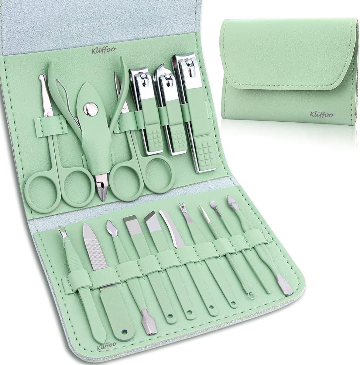 KLIFFOO 16 In 1 Manicure & Pedicure Kit With Nail Cutter, Ear Pick, Scissors, Tweezers Knife, Eyebrow Utility Tools With Leather Travel Case, Foot & Hand Care Grooming Kit For Women & Men