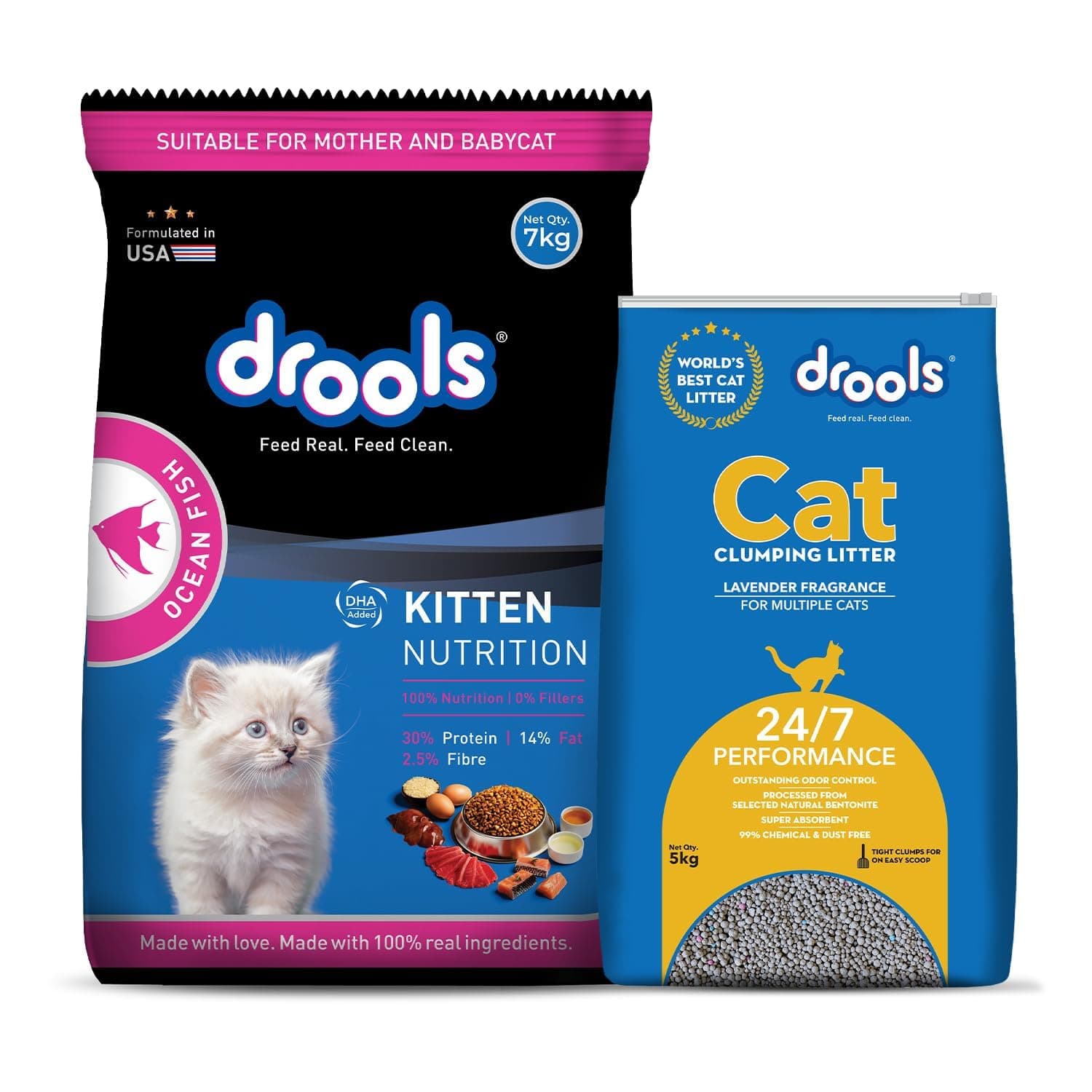 Drools Kitten 7kg Dry Cat Food + 5kg Free Cat Litter | Ocean Fish Flavour | Supports Heart & Vision | Maintains Urinary pH | Prevents Hairballs | Promotes Skin & Coat Wellness