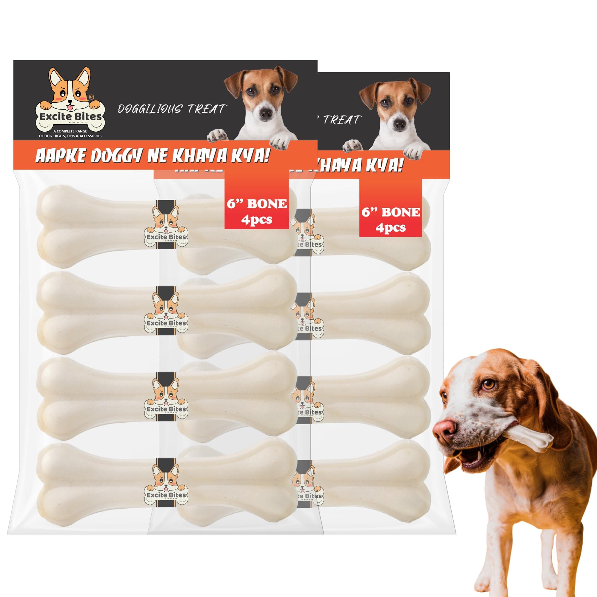Excite Bites Pressed Rawhide Bones for Dog Treats|Dog Calcium Bone Dog Chewing Needs|6 Inch Calcium Bone Treat for All Dogs|Combo Offer (6"-4Pcs) Each, 450 G (Pack of 2) for All Life Stages