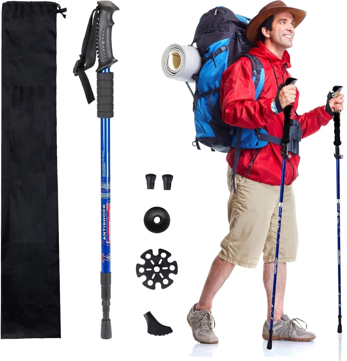 AMOAMI AluminumHiking Trekking Poles Set – Foldable, Lightweight Walking Sticks with Anti-Shock Technology – Adjustable Poles for Backpacking & Outdoor Hikes(1 Pack,Blue)