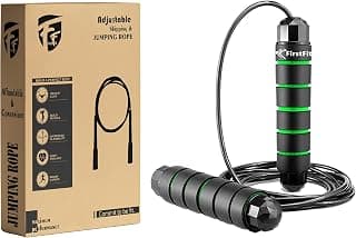FirstFit Jump Rope Tangle-Free Rapid Speed Jumping Rope Cable with Ball Bearings for Women, Men, and Kids, Adjustable Steel Skipping Rope with Foam Handles for Gym Fitness - Black & Green