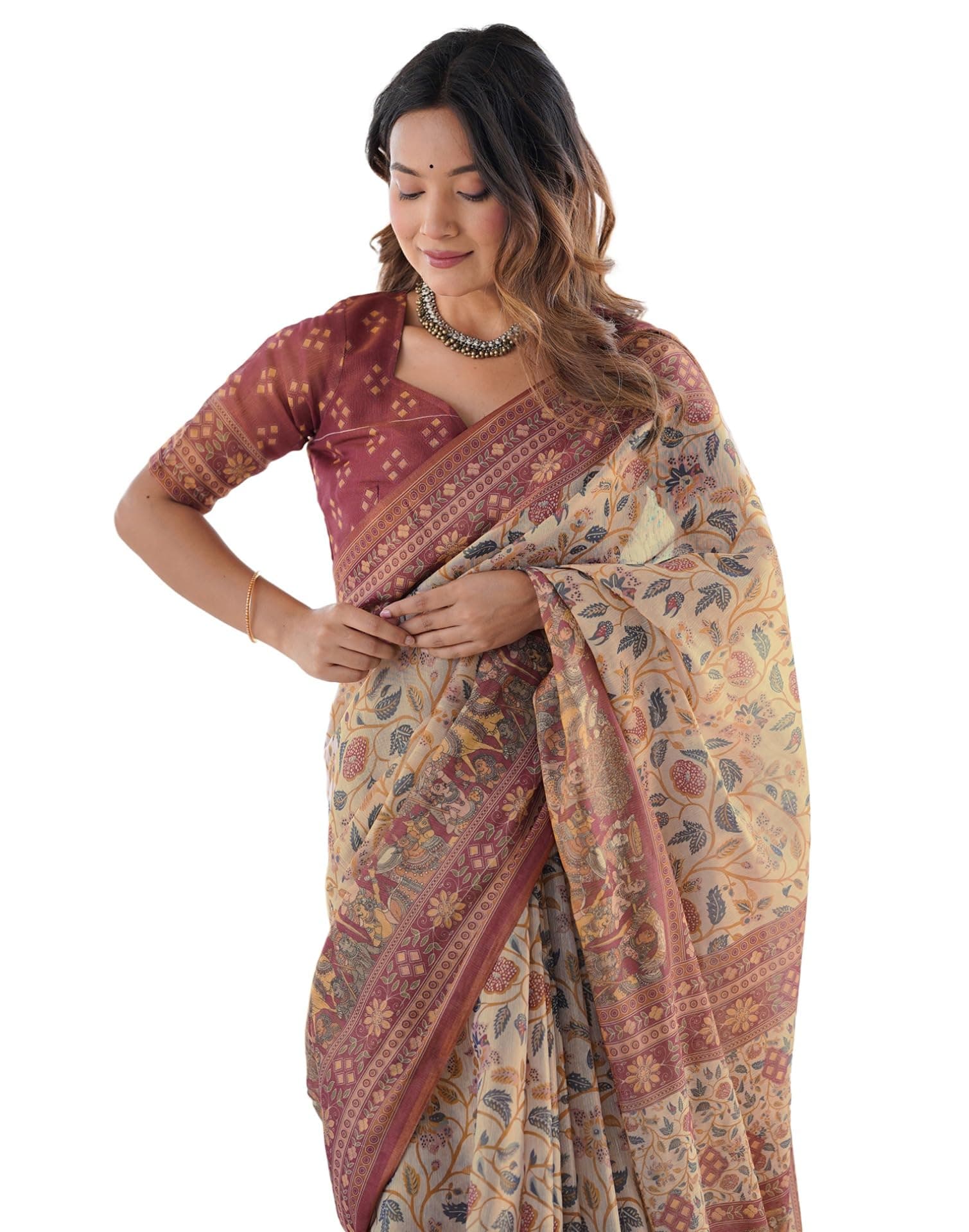 SIRIL Women's Cotton Linen Kalamkari Printed Handloom Saree with Unstitched Blouse Piece