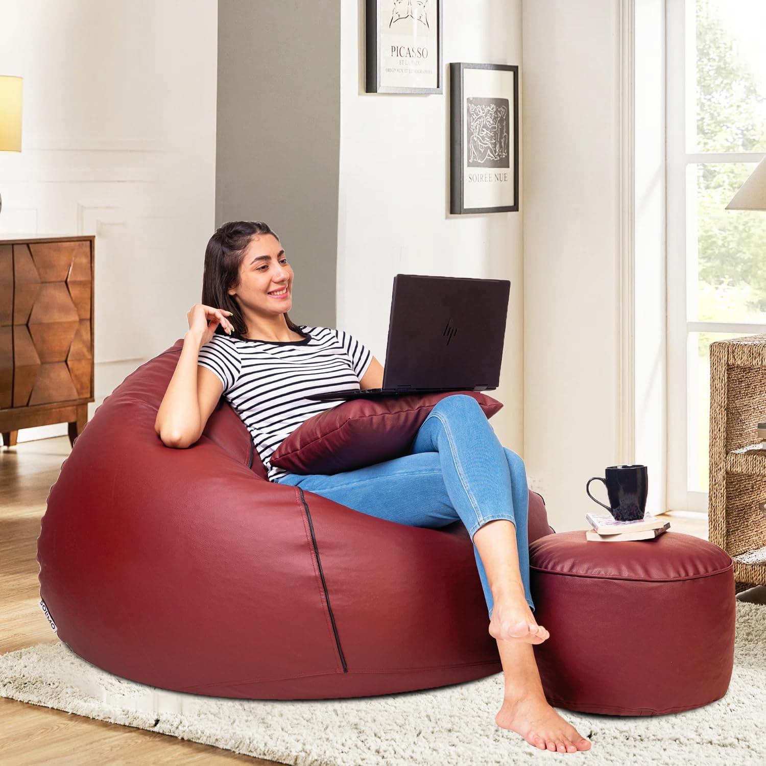 Amazon Brand - Solimo 4XL Faux Leather Bean Bag with Footstool & Cushion Combo for Living Room | Bean Bag Filled with Beans | Capacity Upto 6'5" Height & 125 Kg Weight | (Tan with Black Piping)