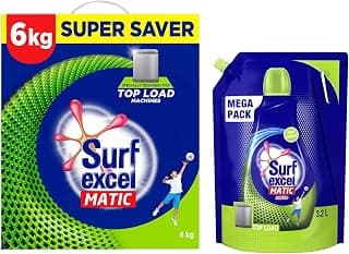 Surf Excel Matic Top Load Detergent Washing Powder 6 Kg & Liquid Detergent 3.2 L Refill, Designed For Tough Stain Removal On Laundry In Washing Machines - Mega Pack