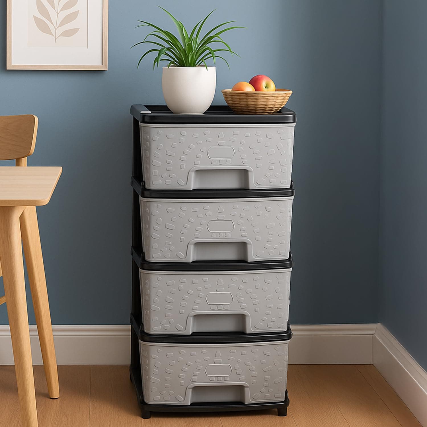 Amazon Basics Plastic 4 Rack Multipurpose Modular Drawer Storage Rack | Kitchen & Home Essentials Organizer Storage Box Cabinet | Almira Set for Stationary, Cosmetic |Black & Grey 36D x 30W x 63H cms