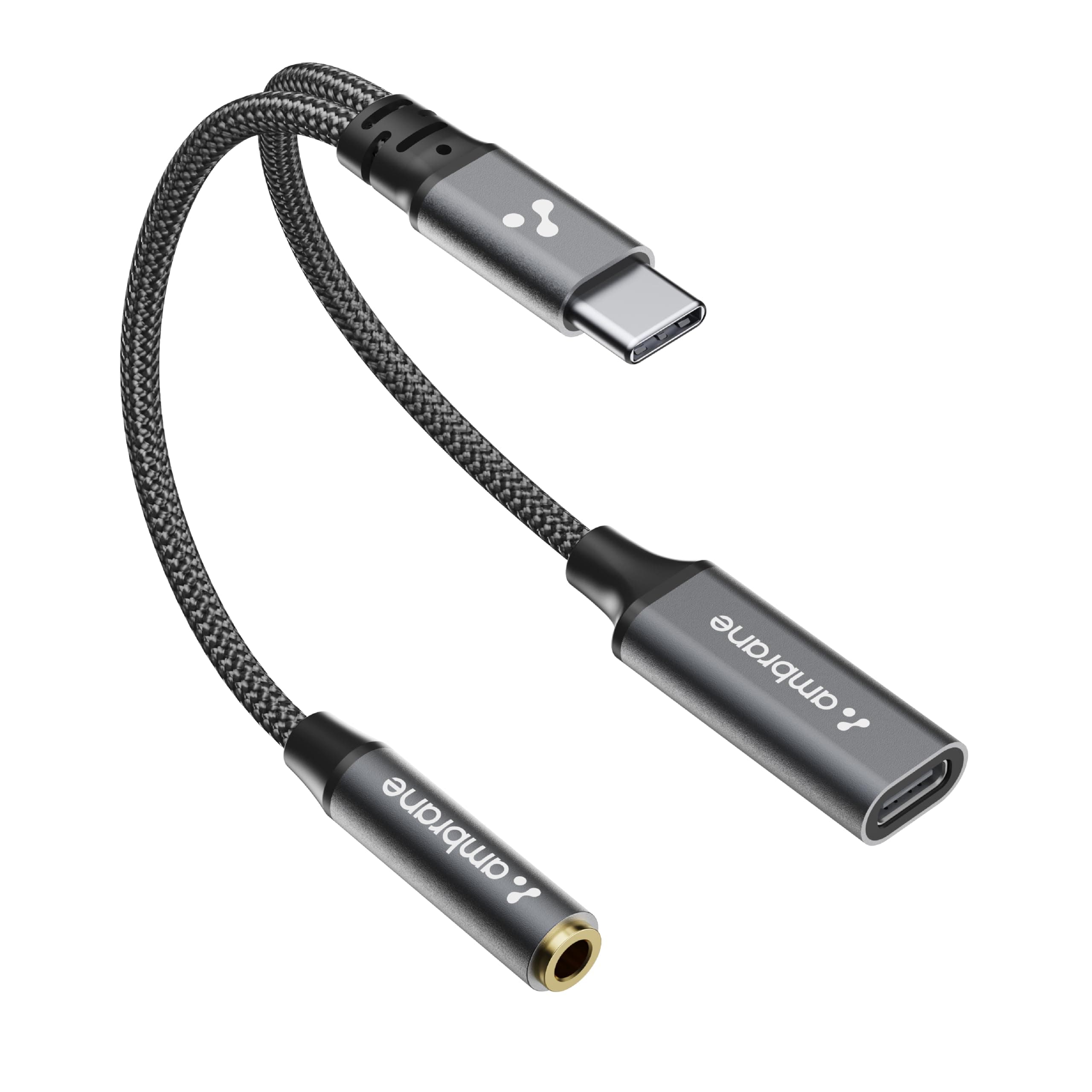 Ambrane 2 in 1 Type C to 3.5mm AUX/C to C, Audio Jack Connector with DAC Headphone Converter, Works with iPhone 15+ Series Galaxy S23/S22/S21 & Other Type C Phones & Laptops (AOTG-CX2)