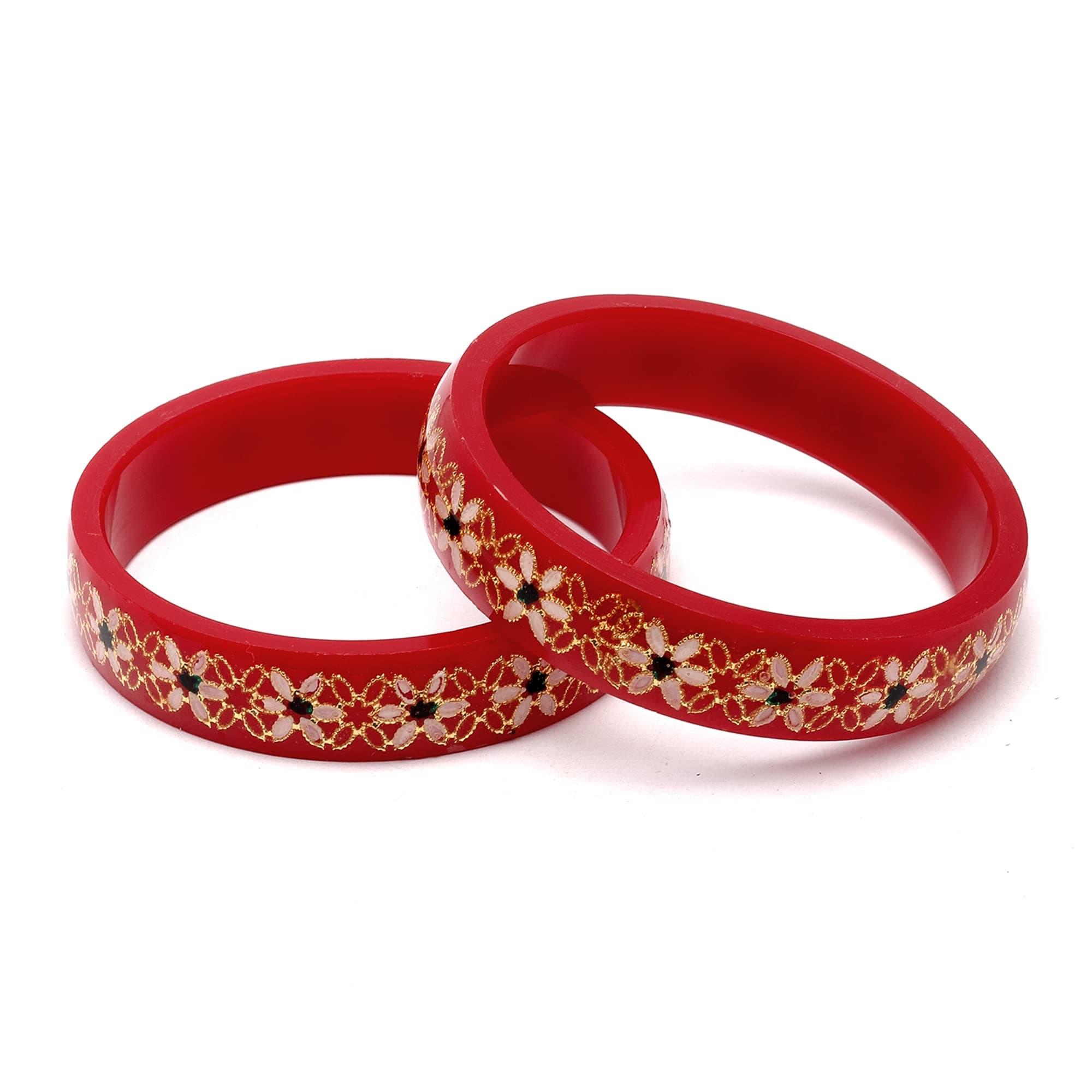 ZENEME Set Of 2 Bangles Gold-Plated White & Green Flower Engraved Handcrafted Non Allergic Jewellery for Women & Girls