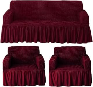 HOKIPO Elastic Stretchable Bubble Frill Sofa Cover 5 Seater, Wine (AR-5255-WINE*2 + AR-5257-WINE)