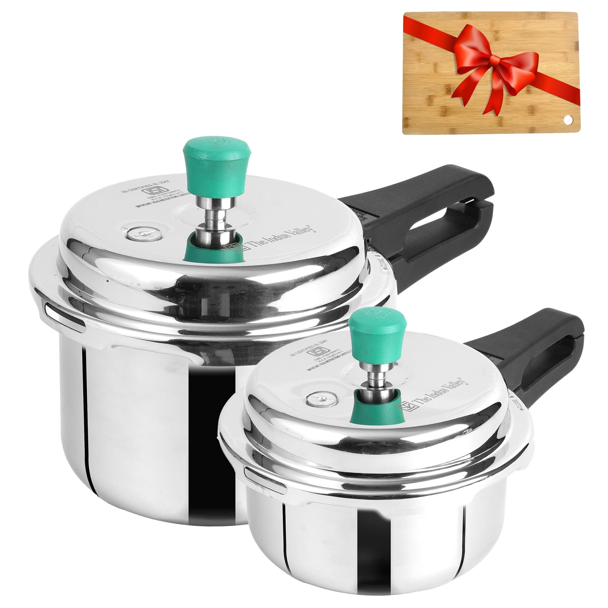 The Indus Valley Triply Stainless Steel Pressure Cooker Outer Lid Combo + Free Wooden Chopping Board | 2Ltr & 3Ltr | Induction Friendly | ISI-Certified, Nonstick 3-Layer Body, 100% Pure & Toxin-Free