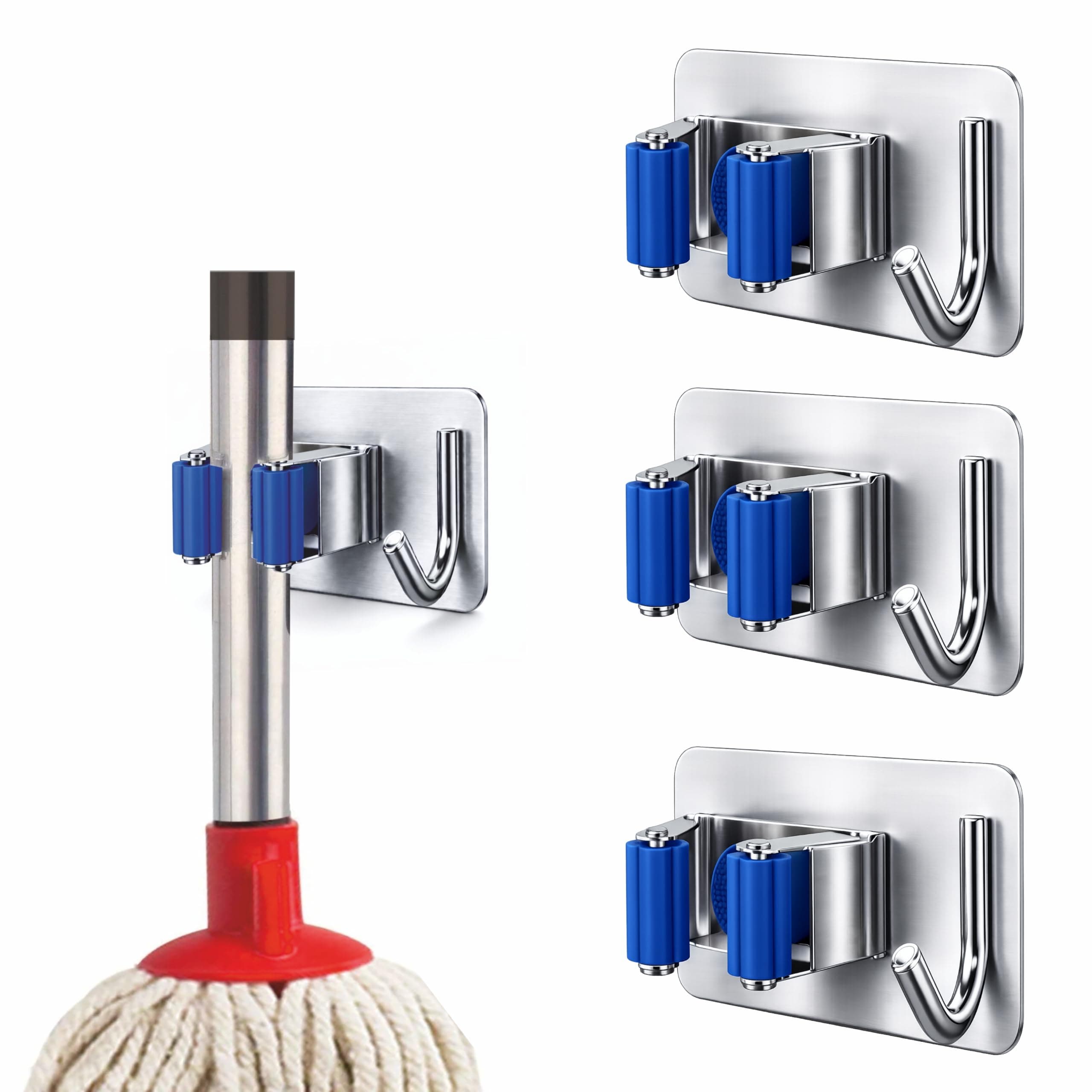 JIALTO 3 Pcs Adhesive Mop Holder and Broom Holder Wall Mounted Stainless Steel | Heavy Duty Mop & Broom Organizer with Hooks | Adhesive Storage Rack for Kitchen & Bathroom (Blue, 3)