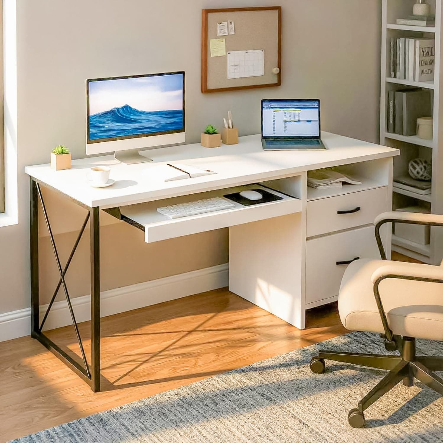 TEKAVO Computer Table with Keyboard Tray & Two Storage Drawers, Computer Table for Home pc & Office, Office Table with Storage (White Wood, Metal | 120 x 55 CM) - DIY
