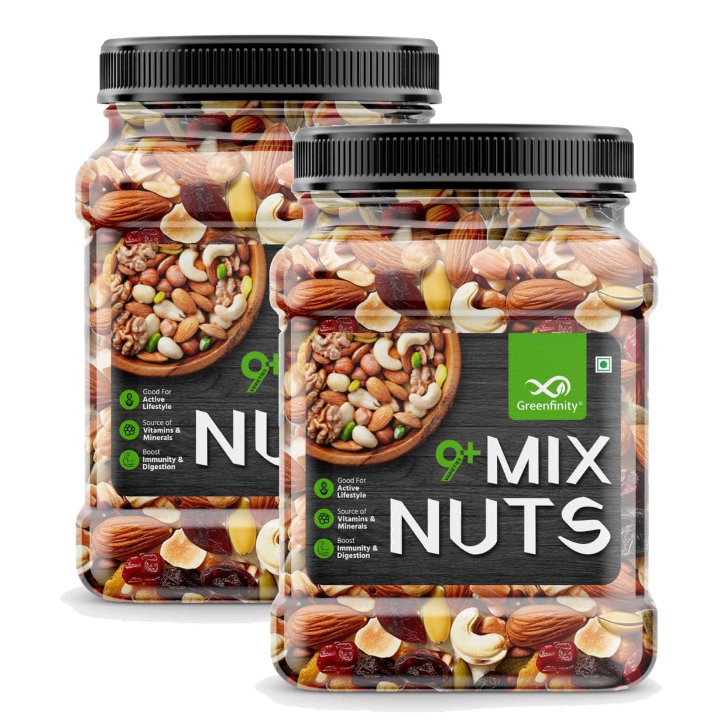 GreenFinity Ultimate Healthy Nutmix Jar Pack - 1kg (2 x 500g) | Premium Blend of Dried Almonds, Cashews, Black & Green Raisins, Cranberries & More | Nutrient-Rich Snack for Wellness.