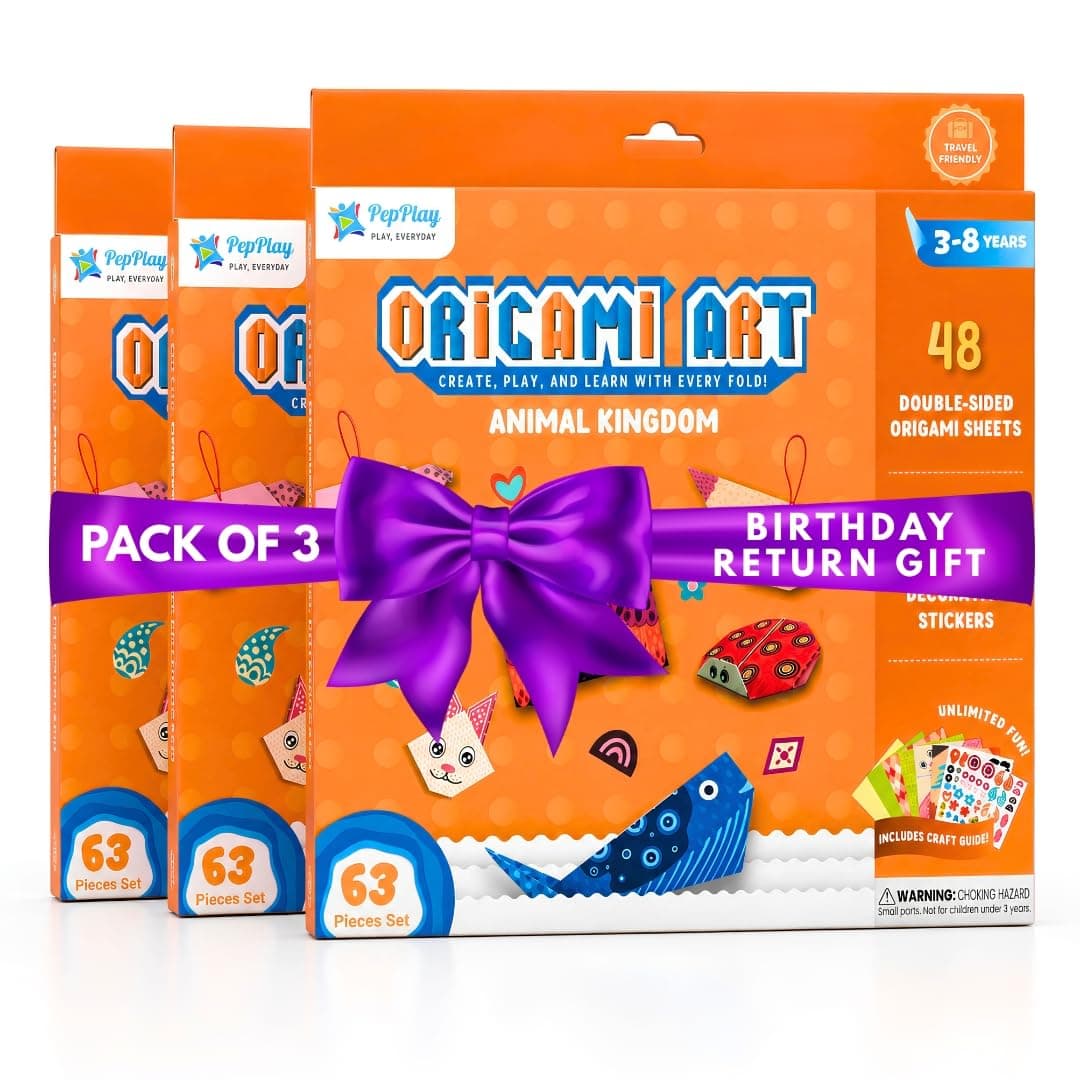 PepPlay 3D Origami Paper Craft Kit (Pack of 3) — Best Birthday Return Gifts for Kids Ages 3 4 5 6 7 8 | 48 Sheets + Booklet + QR Video Tutorials Each | Mess-Free Travel Activity | Boys & Girls Gift