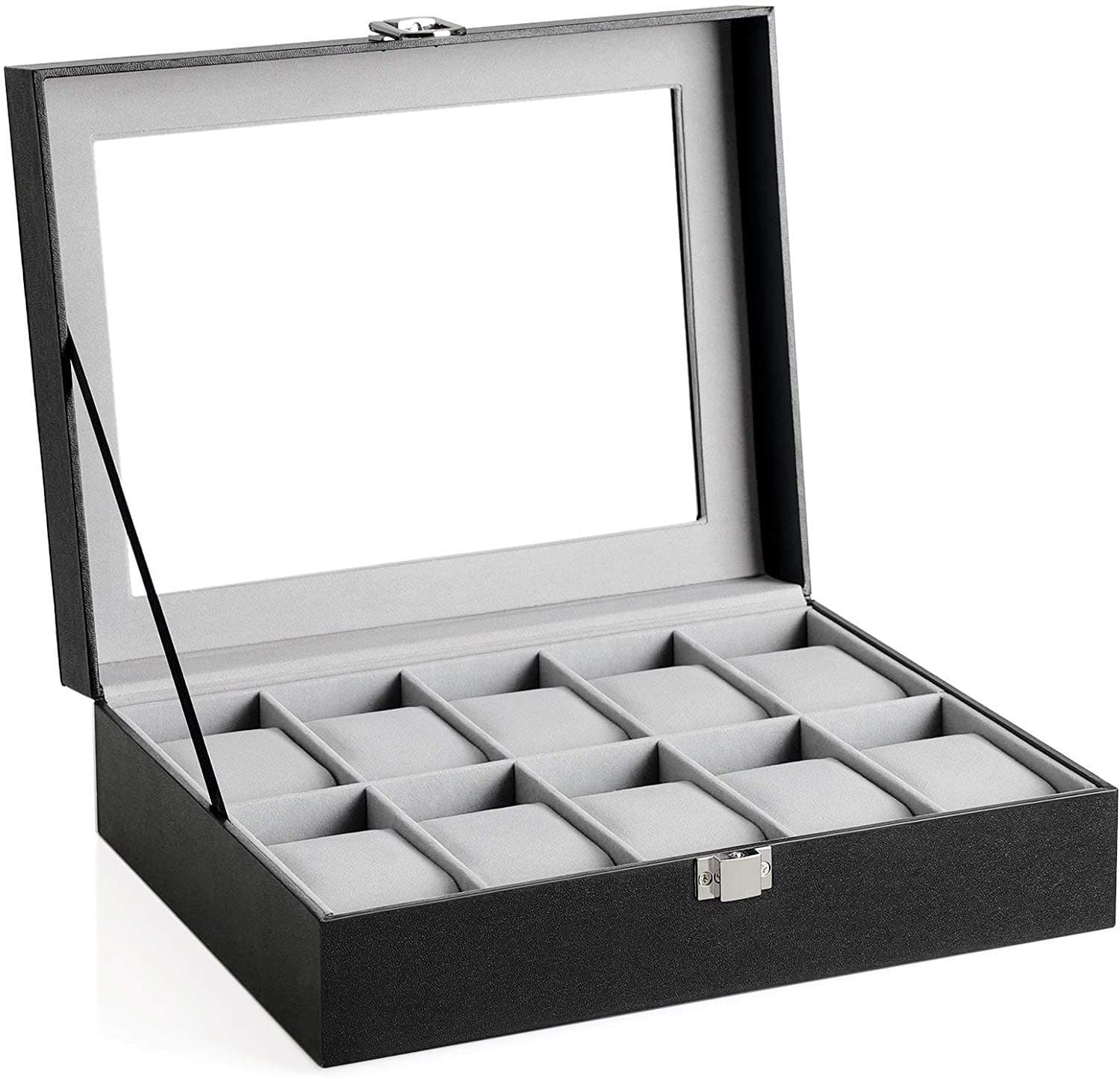 INOVERA Slot Watches Display Storage Box Case Holder Organizer with Transparent Window (Black and Light Grey)