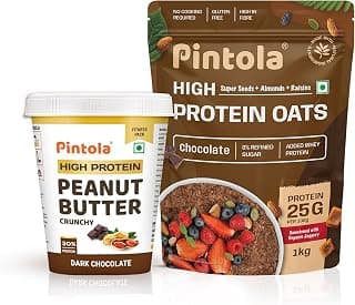 Pintola Fitness Combo: High Protein Chocolate Flavour Peanut Butter Crunchy 510g, Added WHEY Protein, 6.2g Fiber, Gluten & Trans Fat Free & 25g High Protein Dark Chocolate Oats 1kg, No refined sugar