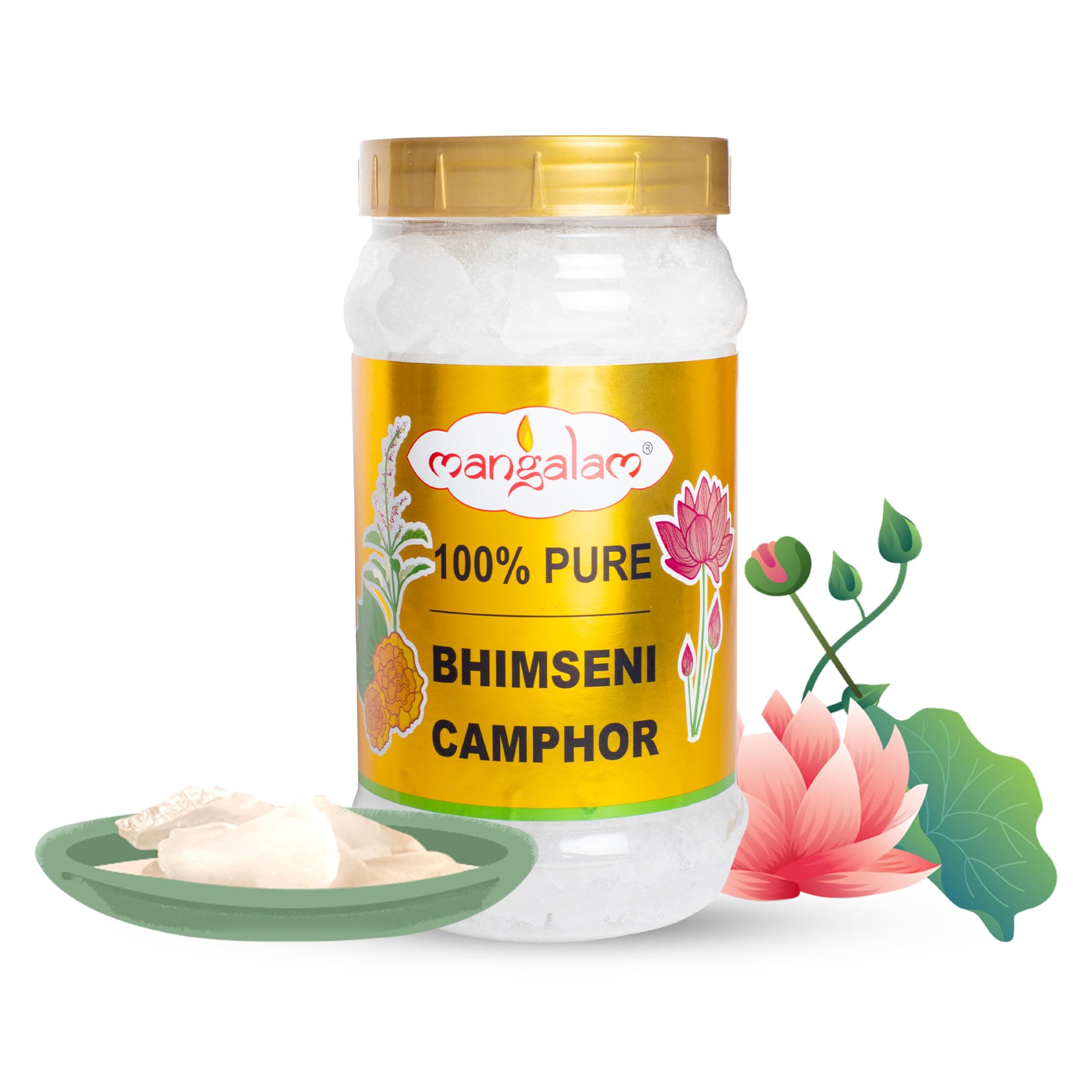 MANGALAM Bhimseni (Original) Camphor 500g Jar - Pack Of 1 | 100% Pure | For Puja, Aromatherapy & Air Freshener | Sweet Fragrance