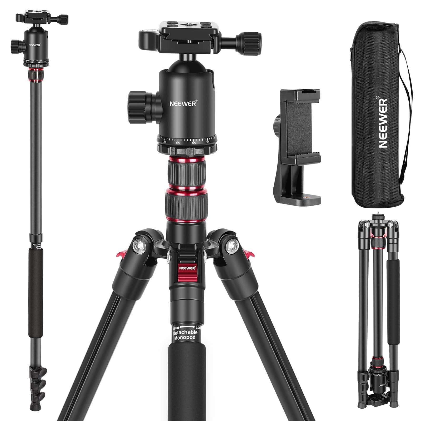NEEWER 77-Inch Tripod,Camera Tripod for DSLR,2-in-1 Compact Aluminum Tripod Monopod with 360 Degree Ball Head,2 Center Axis,QR Plate and 8 Kilograms Load for Travel and Work,Carry Bag Included,Black
