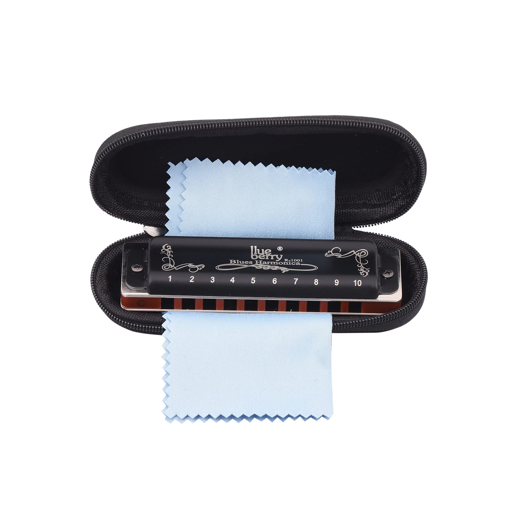 Blueberry R-1001 Professional Blues Harmonica - 10 Holes 20 Tones C Key Diatonic Blues Harp Mouth Organ Harmonica with Cover, for Adults, Professionals and Students (Black)