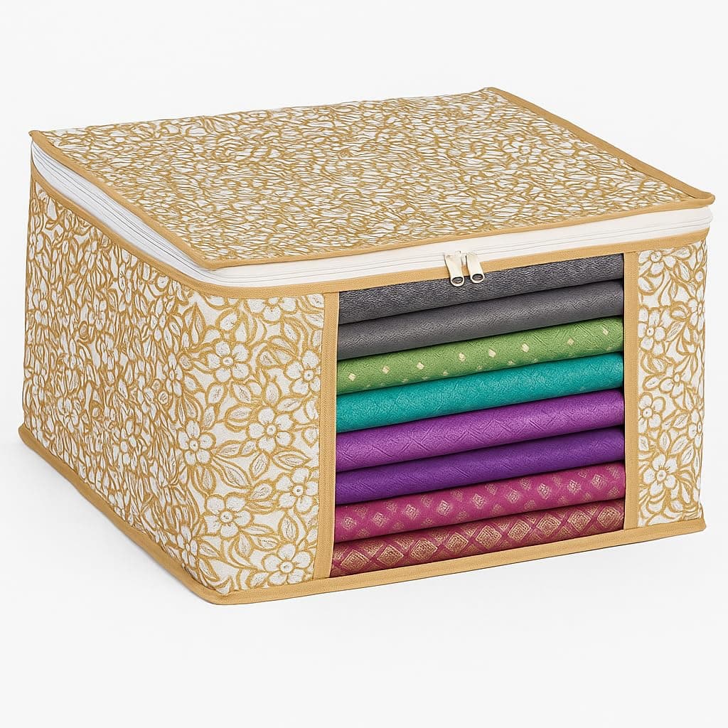 INNWIN Saree Cover Storage Box with Floral Design, 40x33x22 cm, Breathable Fabric, Dust-Proof (12)