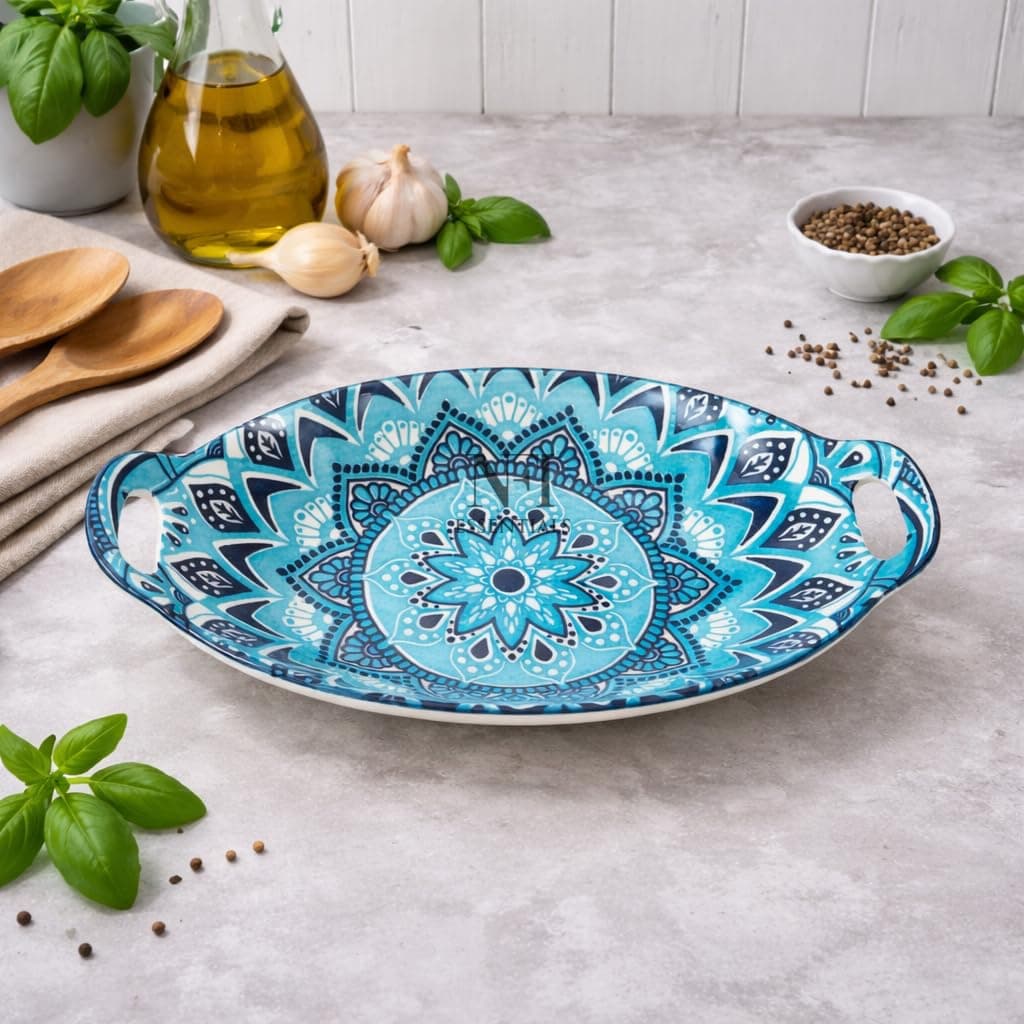 NFI essentials Ceramic Serving Platter with with Handles Blue for Snacks, Appetizers, Salads, and Noodles | Safe for the Microwave and Dishwasher (10.8 inch)