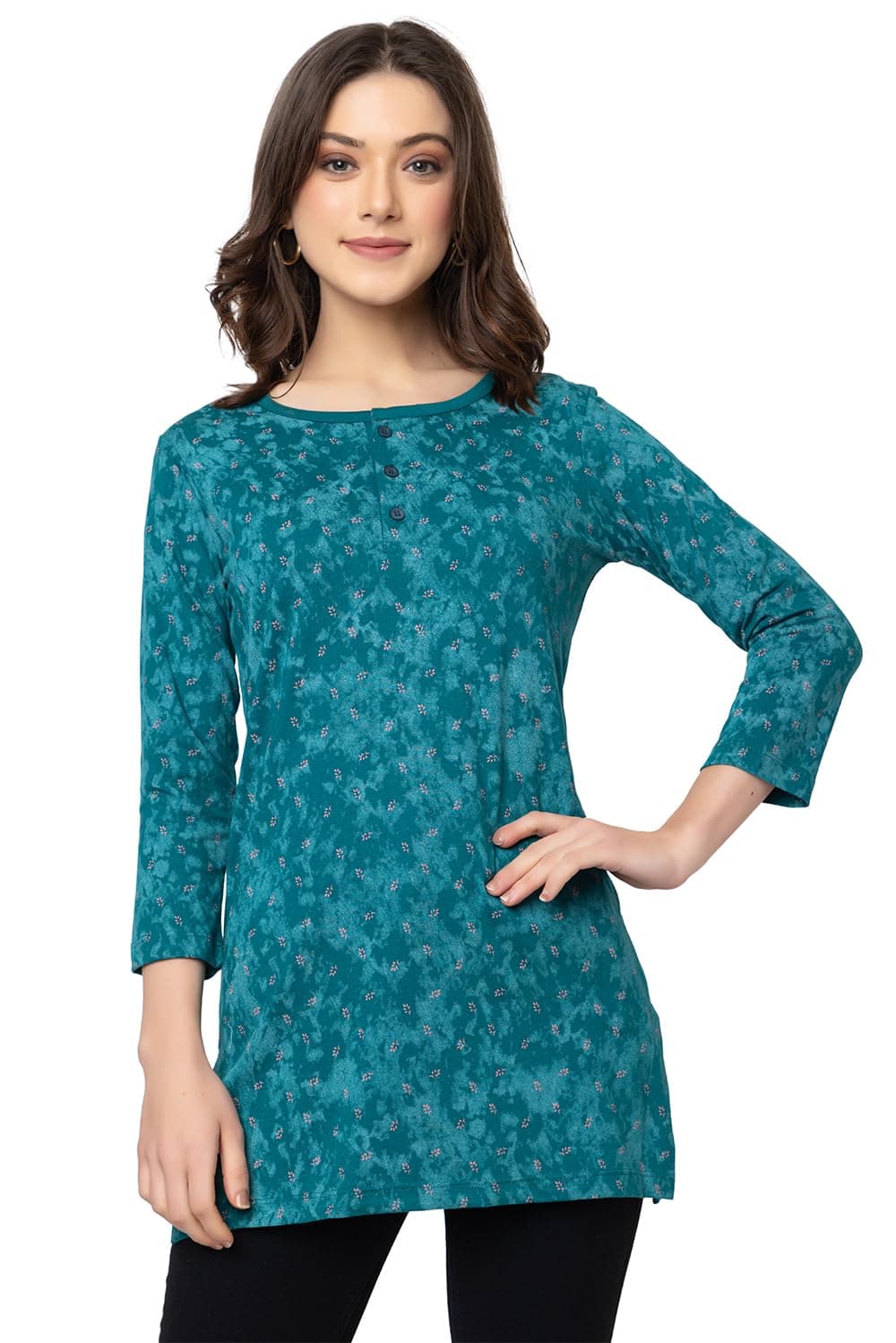 Star Touch Women Regular Fit Henley All Over Print T-Shirt Kurta | Small-5XL