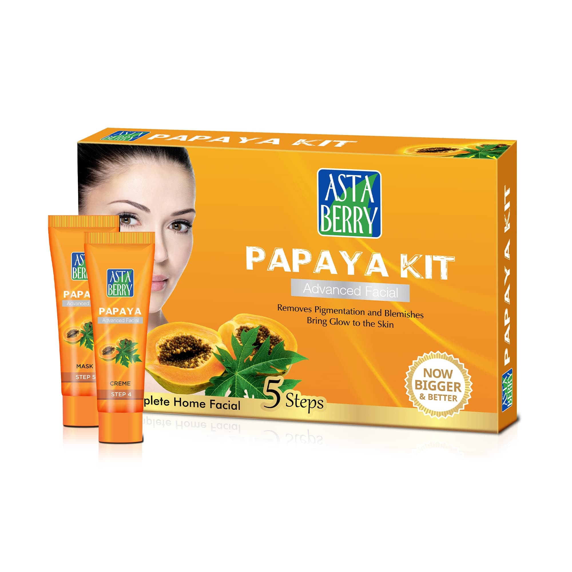 Astaberry Papaya Mini Facial Kit, 5 Step for Skin Brightening | Ultimate Glow | Reduce Pigmentation and Blemishes | Improve skin moisturization & Elasticity |100 gm