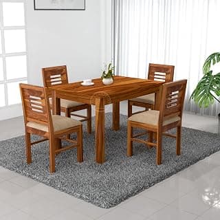 VK Furniture Sheesham Solid Wood 4 Seater Dining Table Set of Four with 4 Cushion Chairs for Dinner Hall Kitchen Living Room Home Office Restaurant |L45 X W30 X H30|Natural Teak 01