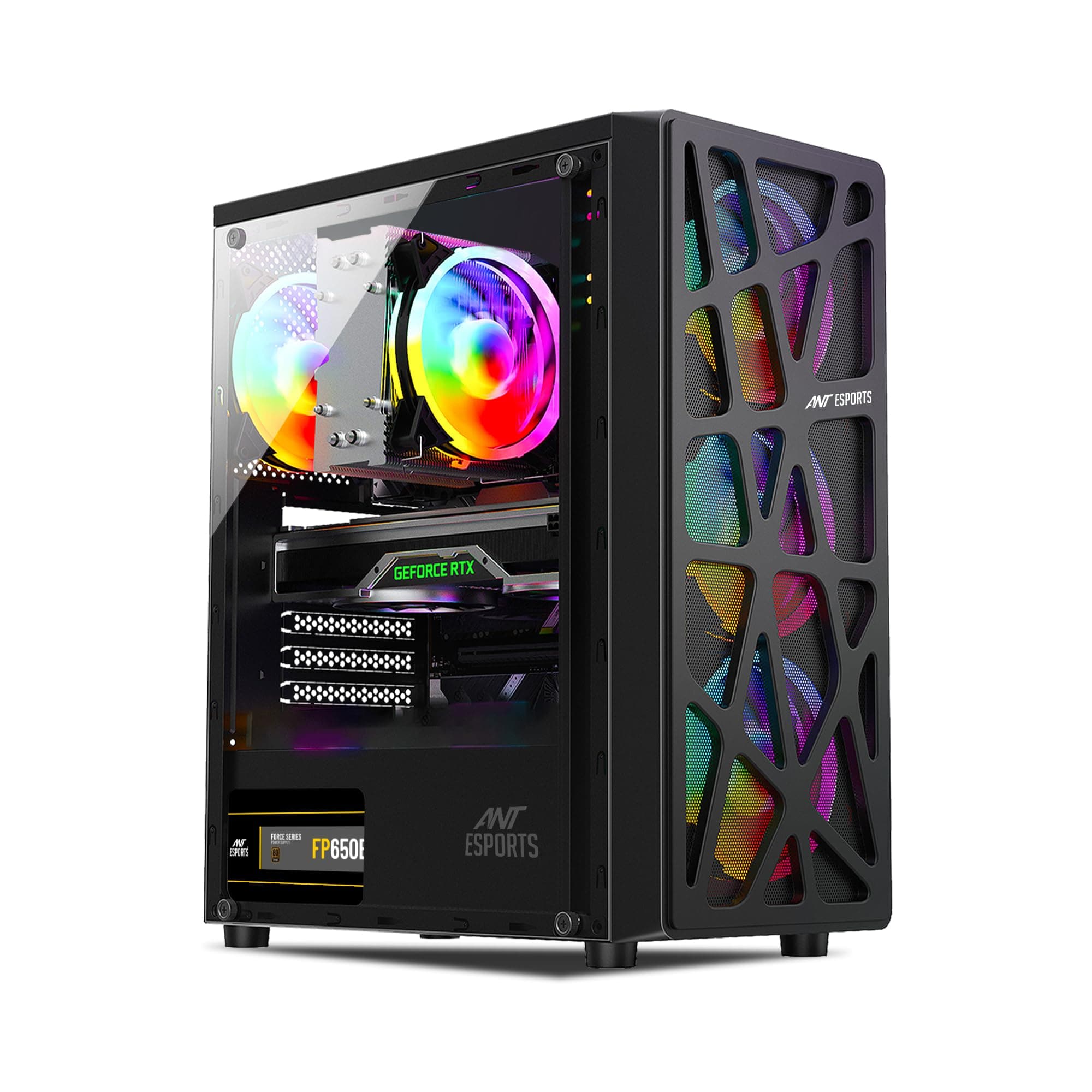 Ant Esports Elite 1100 Mid-Tower Gaming PC Cabinet | Tempered Glass Side Panel | Support ATX/M-ATX/ITX | Pre-Installed 4 x 120mm Rainbow Fans (Black)