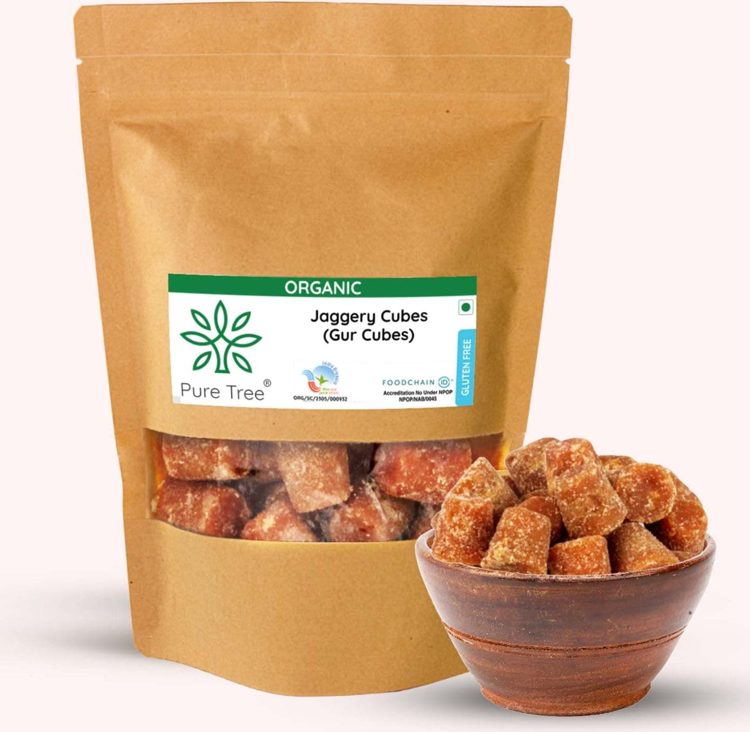 Pure Tree Certified Organic Jaggery Cubes Small | 1.8 Kg / 1800 g | Sugarcane Gur Cubes | Desi Gud Jaggery Cubes from Jaggery Block (No Preservatives)