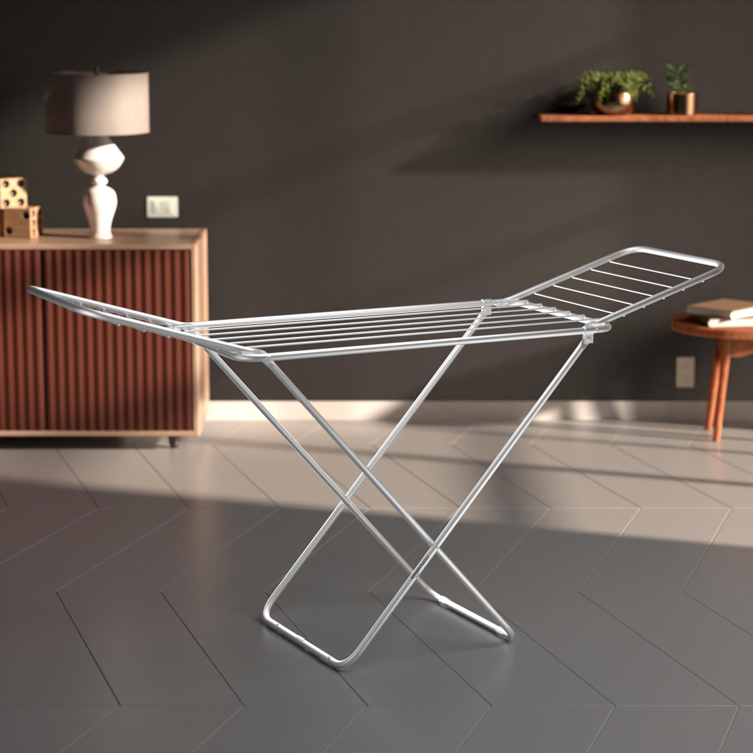 Amazon Basics Mild Steel Cloth Drying Stand - 3 Way Folding, 42 Feet Length, 20 Drying Rails, Lightweight (Silver)