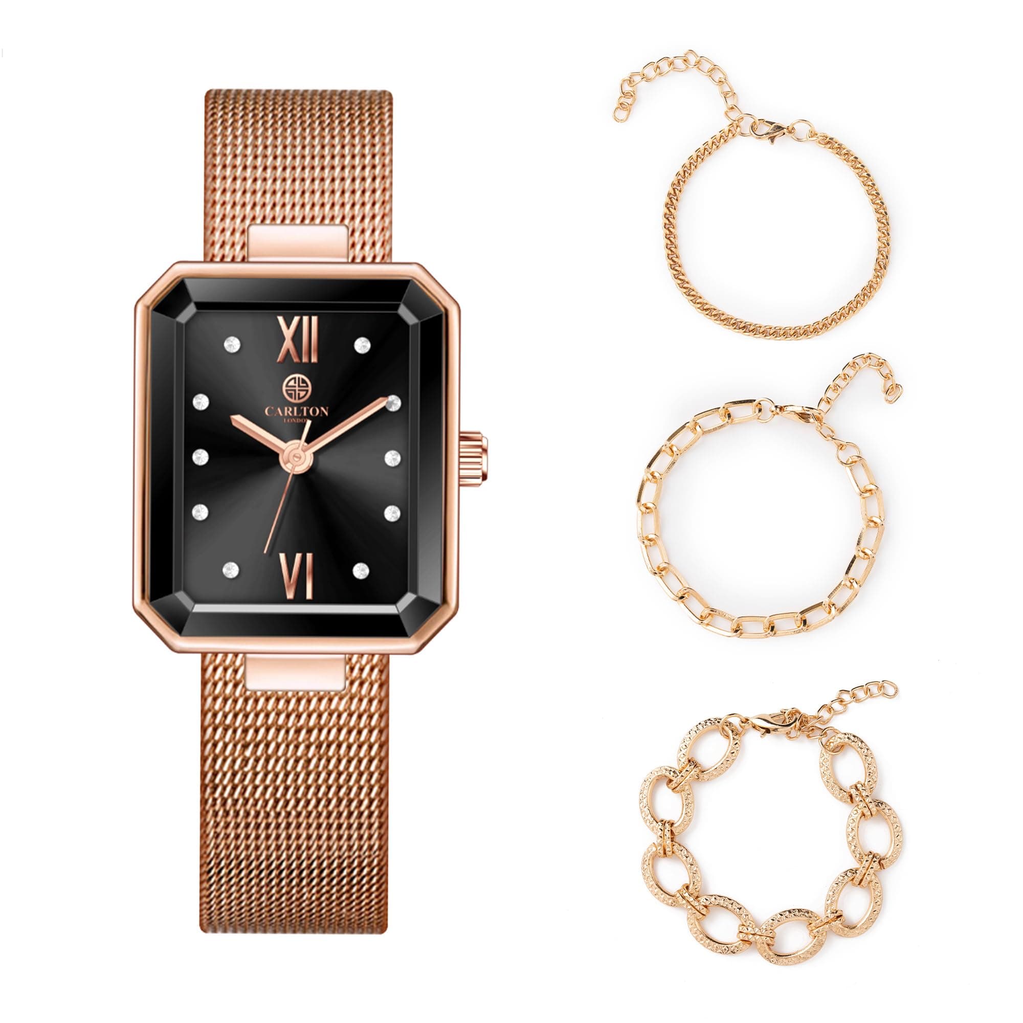 Carlton London Brixton Women Gift Set | Watch (CLRGMBLK) + Bracelet | Premium Stainless Steel Black Dial Watch and Bracelet | Luxury Gifting for Her | for Birthday, Anniversary, Holiday, Formal Event