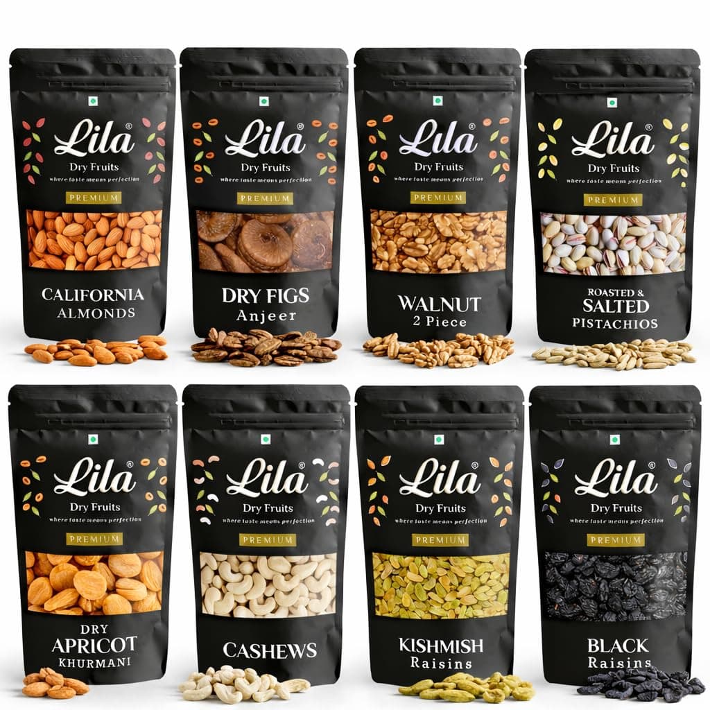 LILA DRY FRUITS Combo Pack 8 in 1 Almonds Cashews Walnuts Anjeer Apricots Golden Black Raisins Salted Pista 100 g x 8 Each | Assorted Premium Dry Fruits Pack for Daily Use Perfect for Gifting