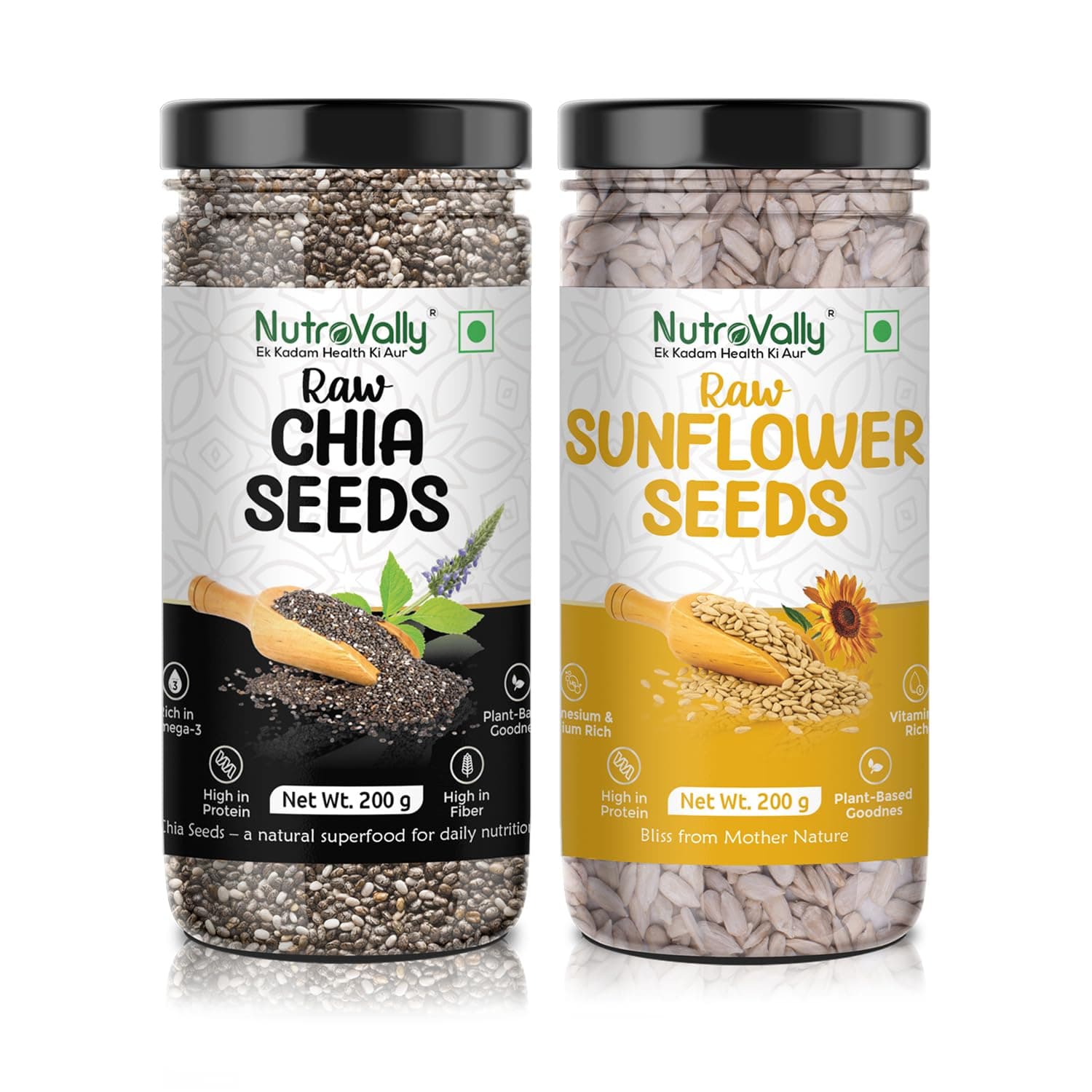 NutroVally Raw Chia Seeds & Sunflower Seeds Combo 200g Each | Rich in Omega-3, Fiber, Protein & Healthy Fats | Supports Energy, Digestion, Satiety | Vegan, Gluten-Free Superfoods for Daily Use
