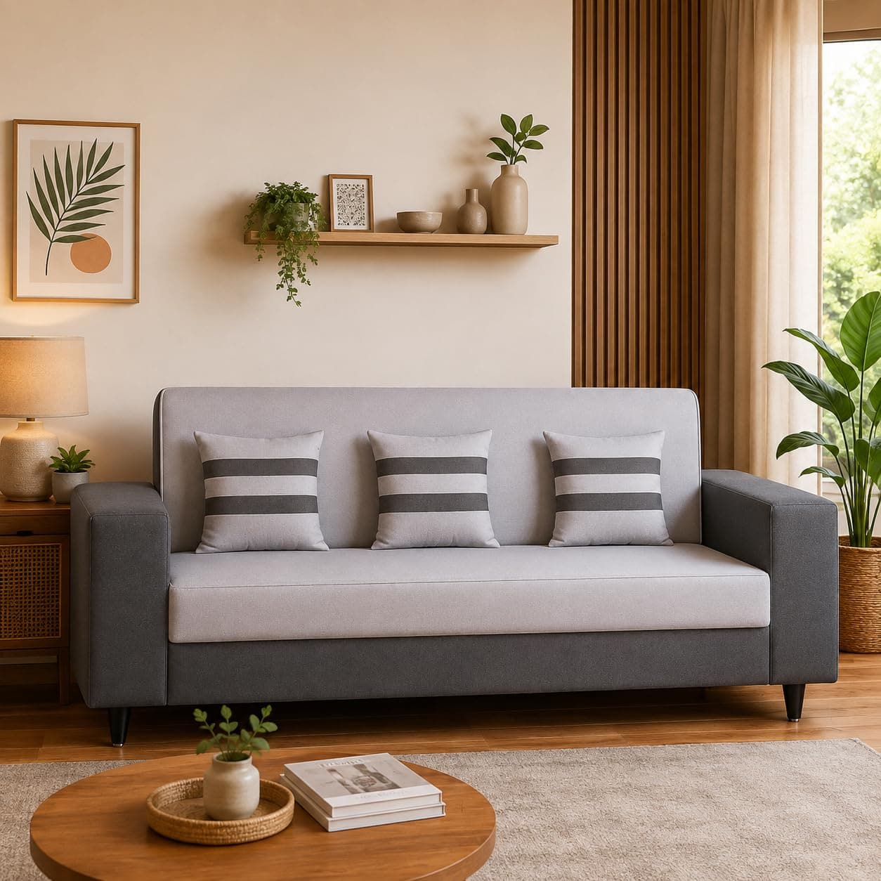 KENDALWOOD Furniture 3 Seater Fabric Sofa for Living Room Furniture | Sofa for Home & Office | Fabric Color:- Grey & Black