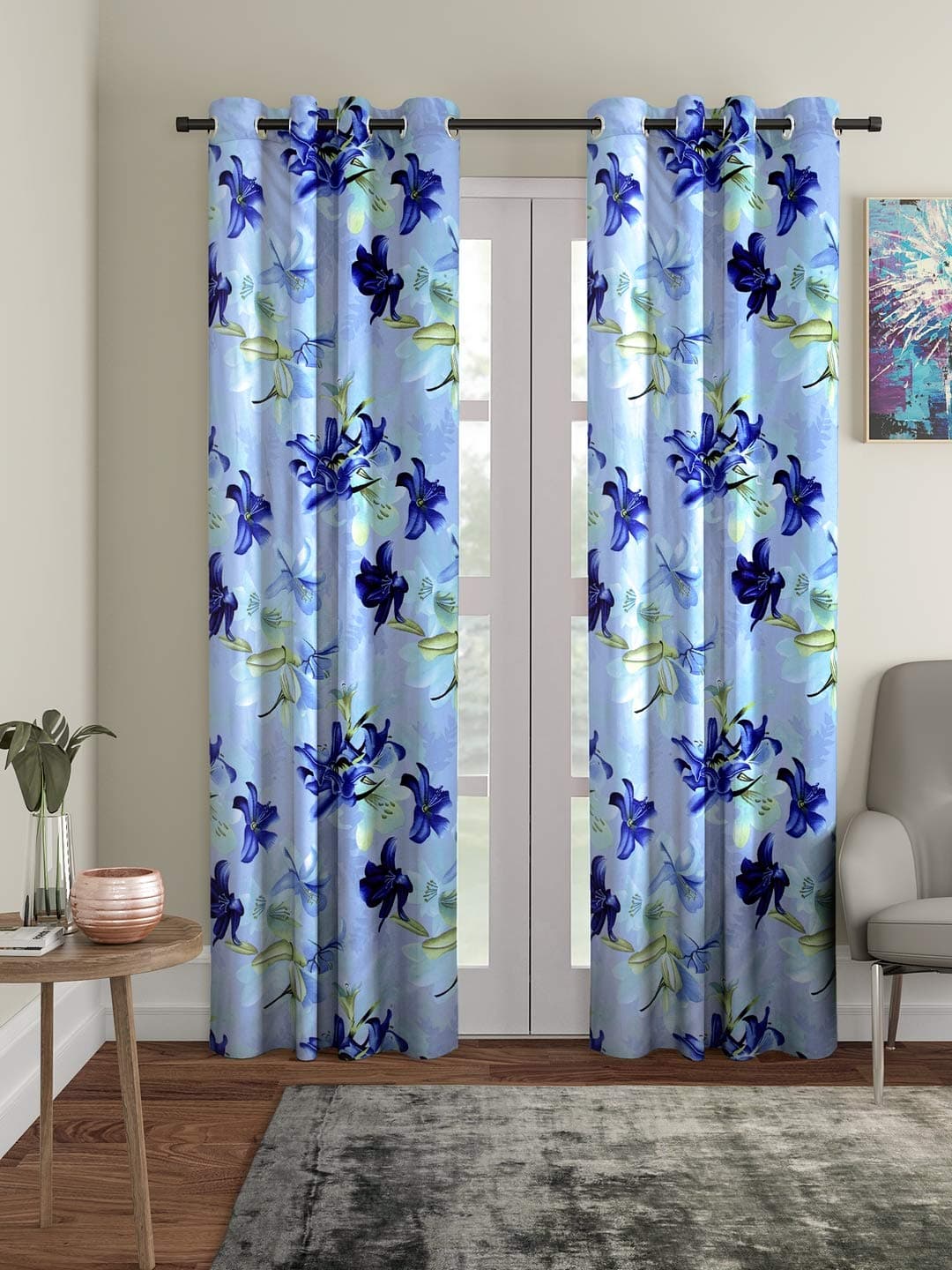 Home Sizzler 2 Pieces 3D Floral Eyelet Polyester Semi- Transparent Door Curtains - 6 Feet, Blue