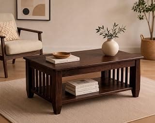 AASALIYA Wooden Center Coffee Table with Storage | Solid Sheesham Wood Centre Table for Living Room, Drawing Room & Office | Walnut Finish