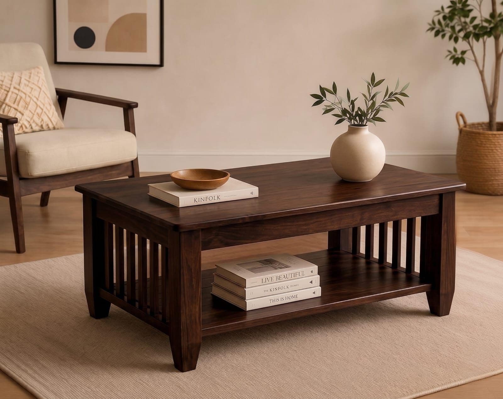 AASALIYA Wooden Center Coffee Table with Storage | Solid Sheesham Wood Centre Table for Living Room, Drawing Room & Office | Walnut Finish